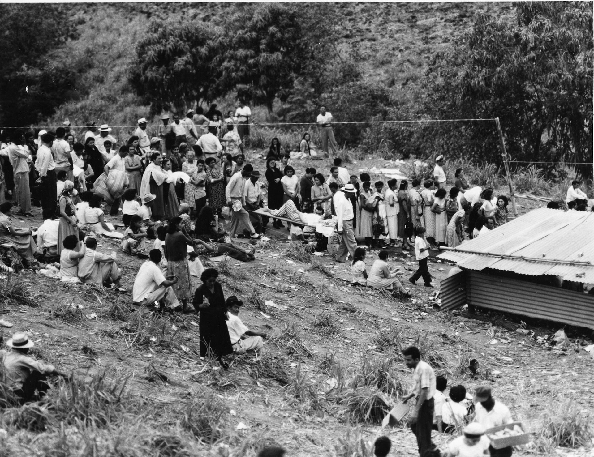 Llevan enfermo en camilla hacia el pozo.Barrio Rincón.Sabana Grande.1953