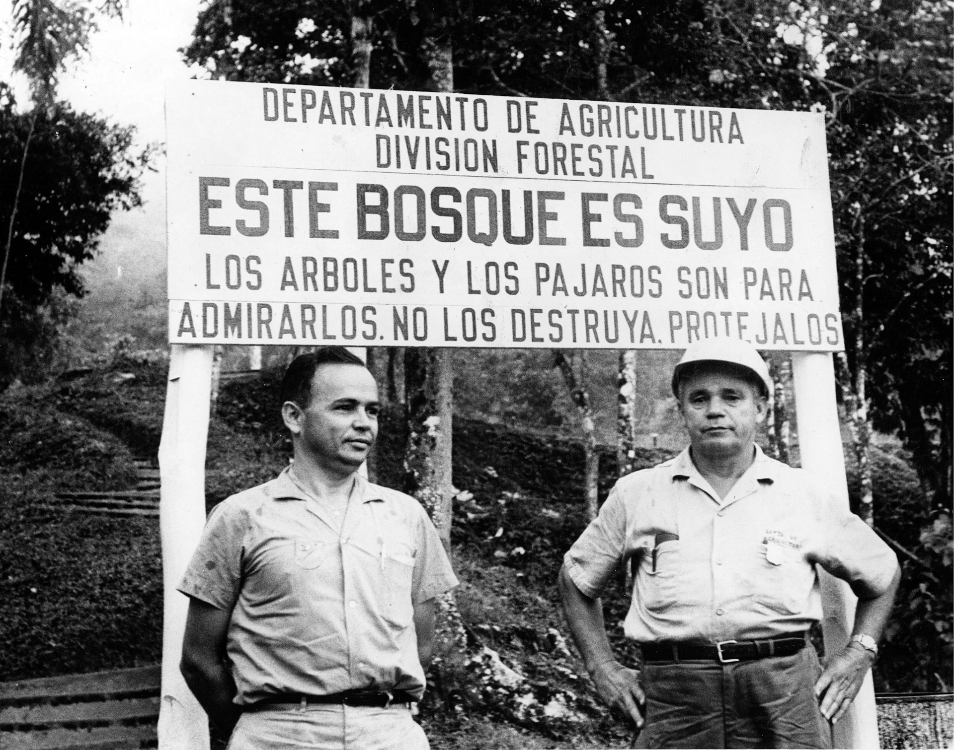 Empleados frente a letrero en el área recreativa de Guavate-Patillas.Noviembre 25, 1964