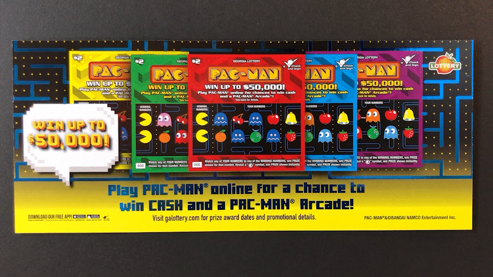 An animated gif of a PAC-MAN themed Georgia Lottery point-of-sale ad that features shimmering blue foil stamping