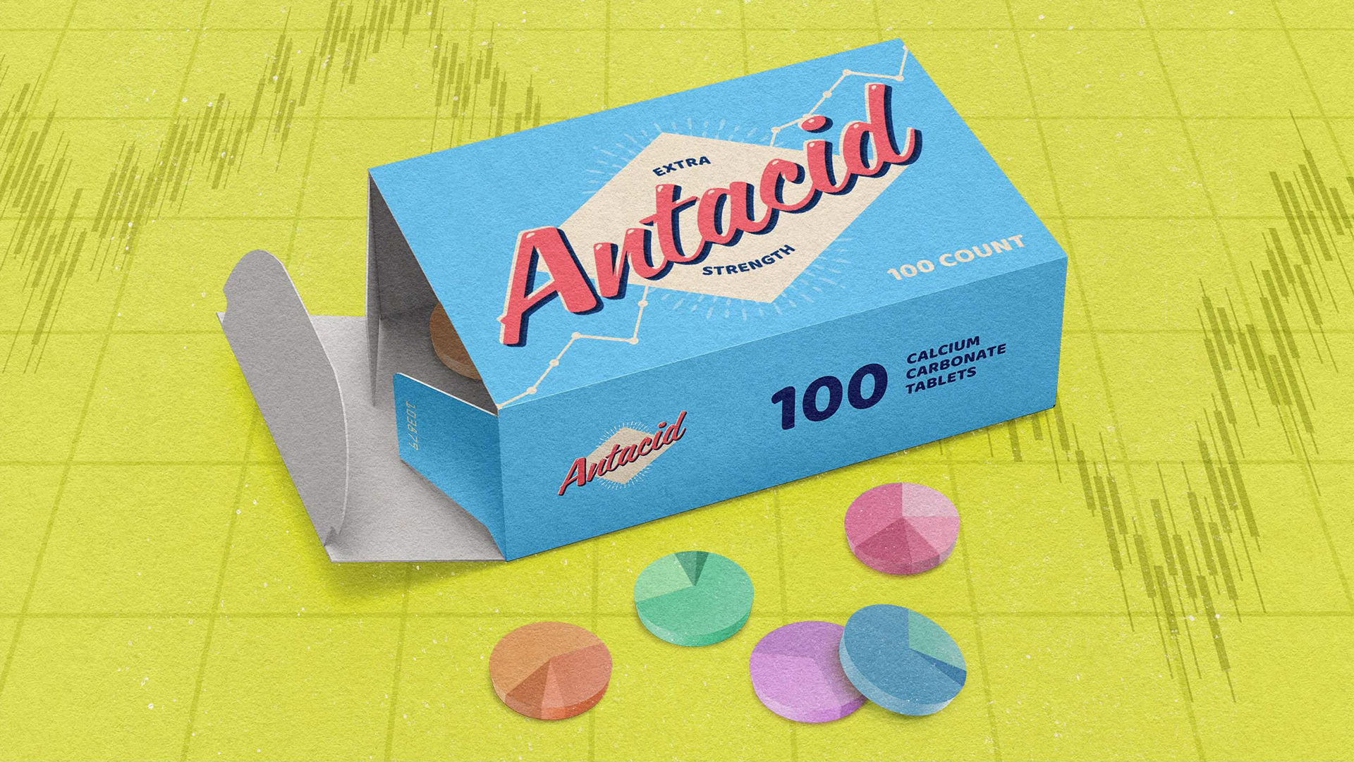 Illustration of a box of antacids, with pills that look like pie charts. 