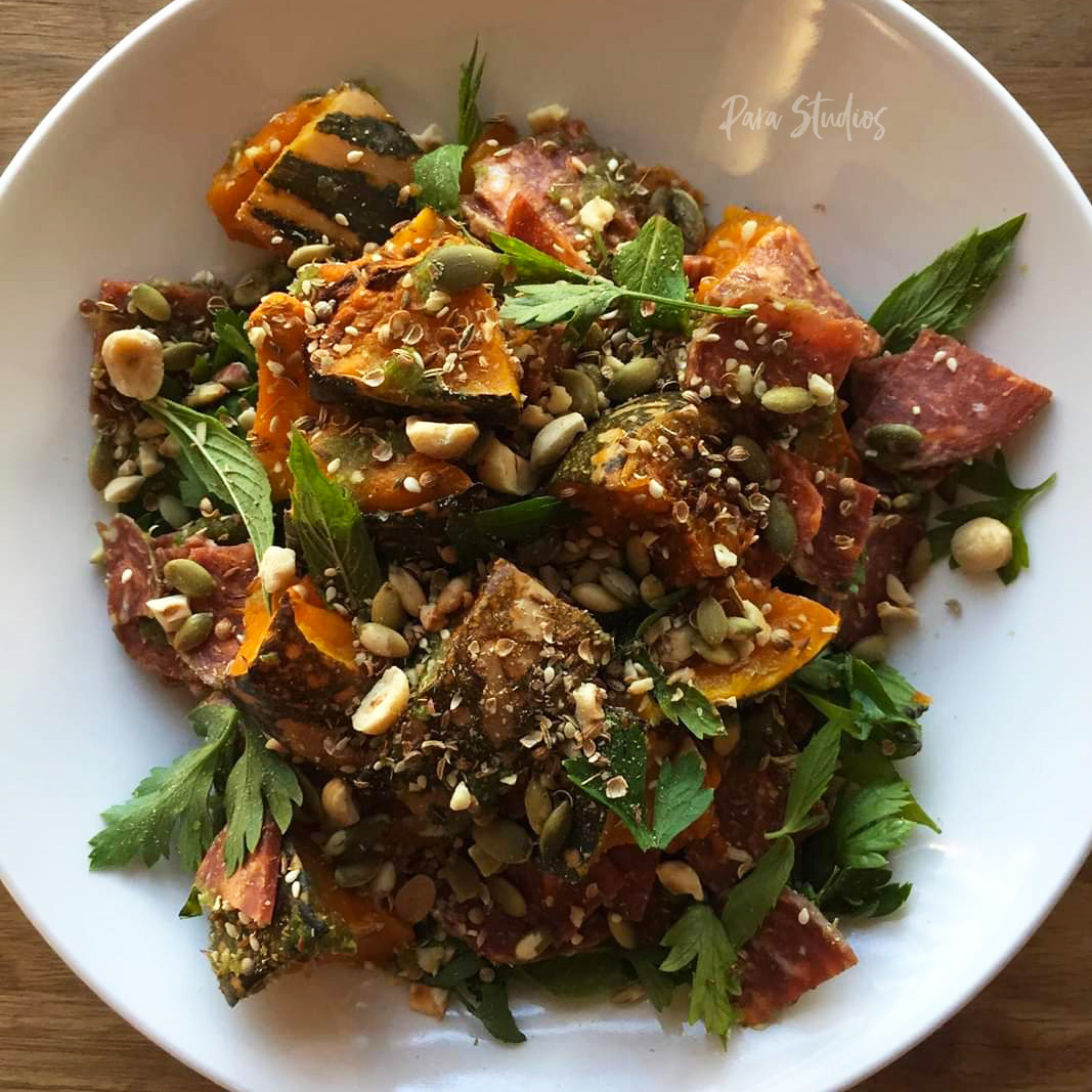 Roast pumpkin, chorizo, pepita seeds and hazelnuts