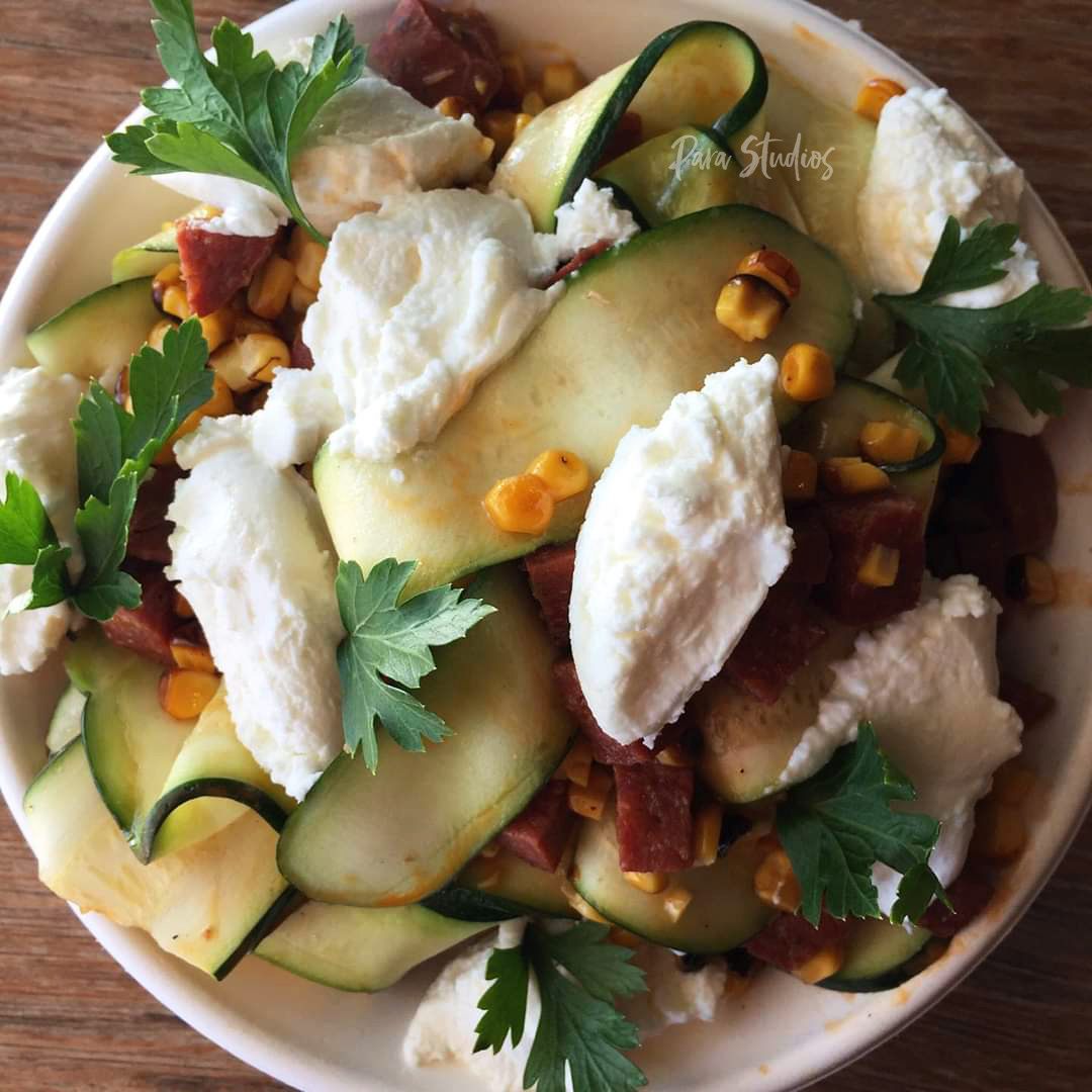Zucchini ribbons, charred corn, chorizo and goats cheese
