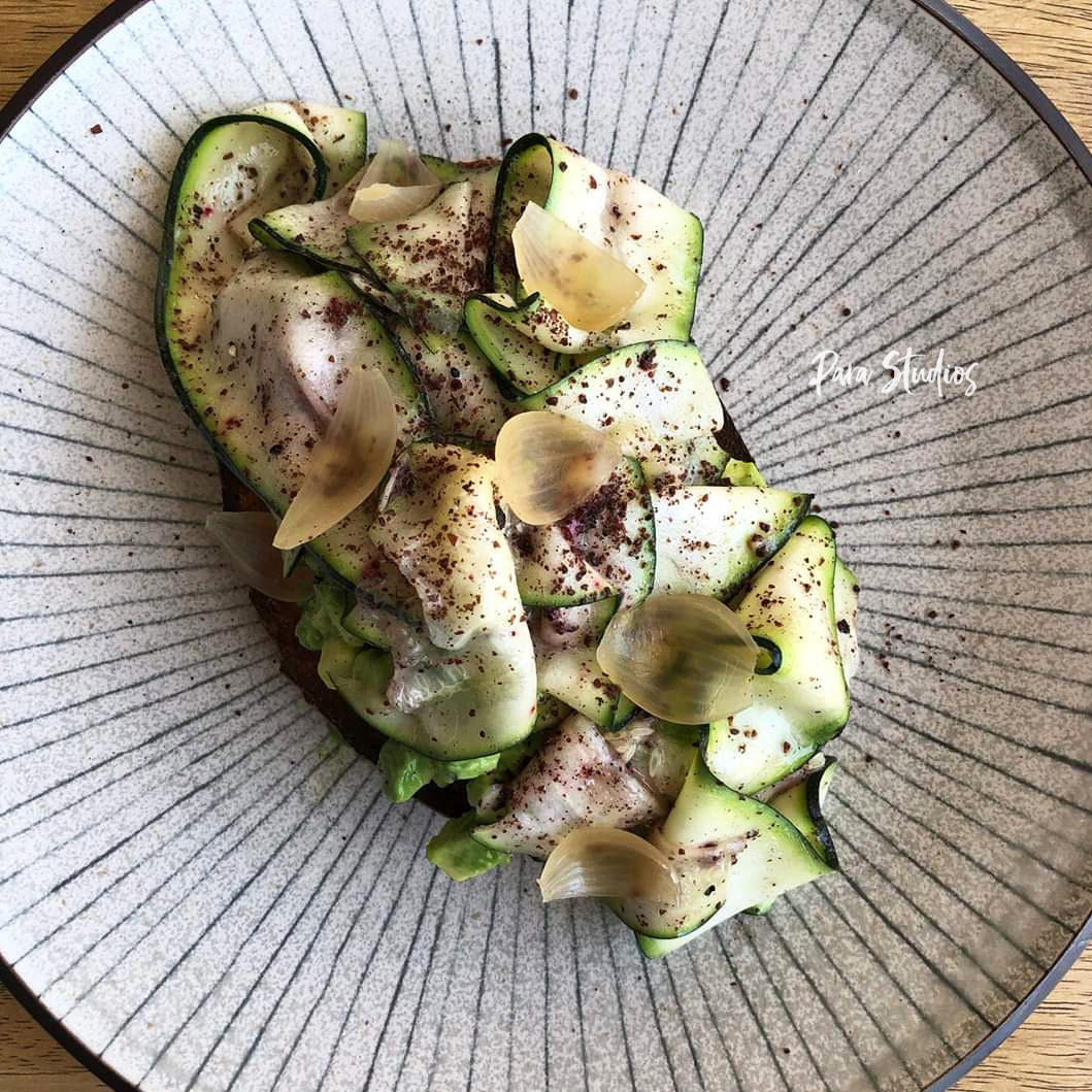 Avocado, cashew butter, salted zucchini, pickled onion, sumac and native pepperberry