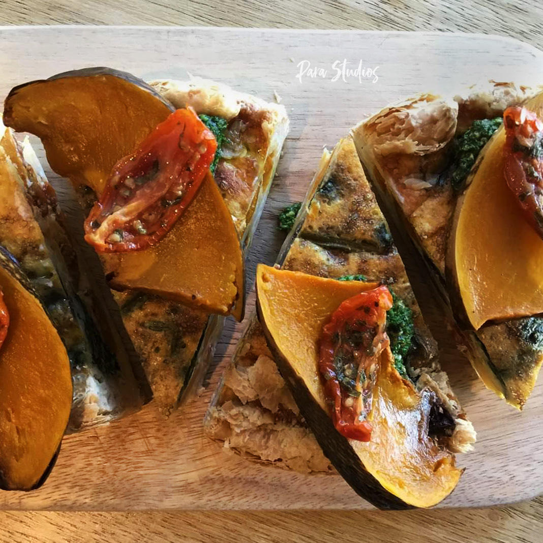 Roast pumpkin, mushroom, sun-dried tomato and pesto quiche