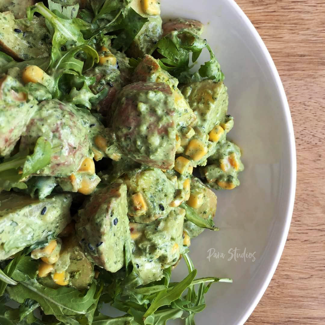 Roast potato, charred corn, coriander mayo and rocket