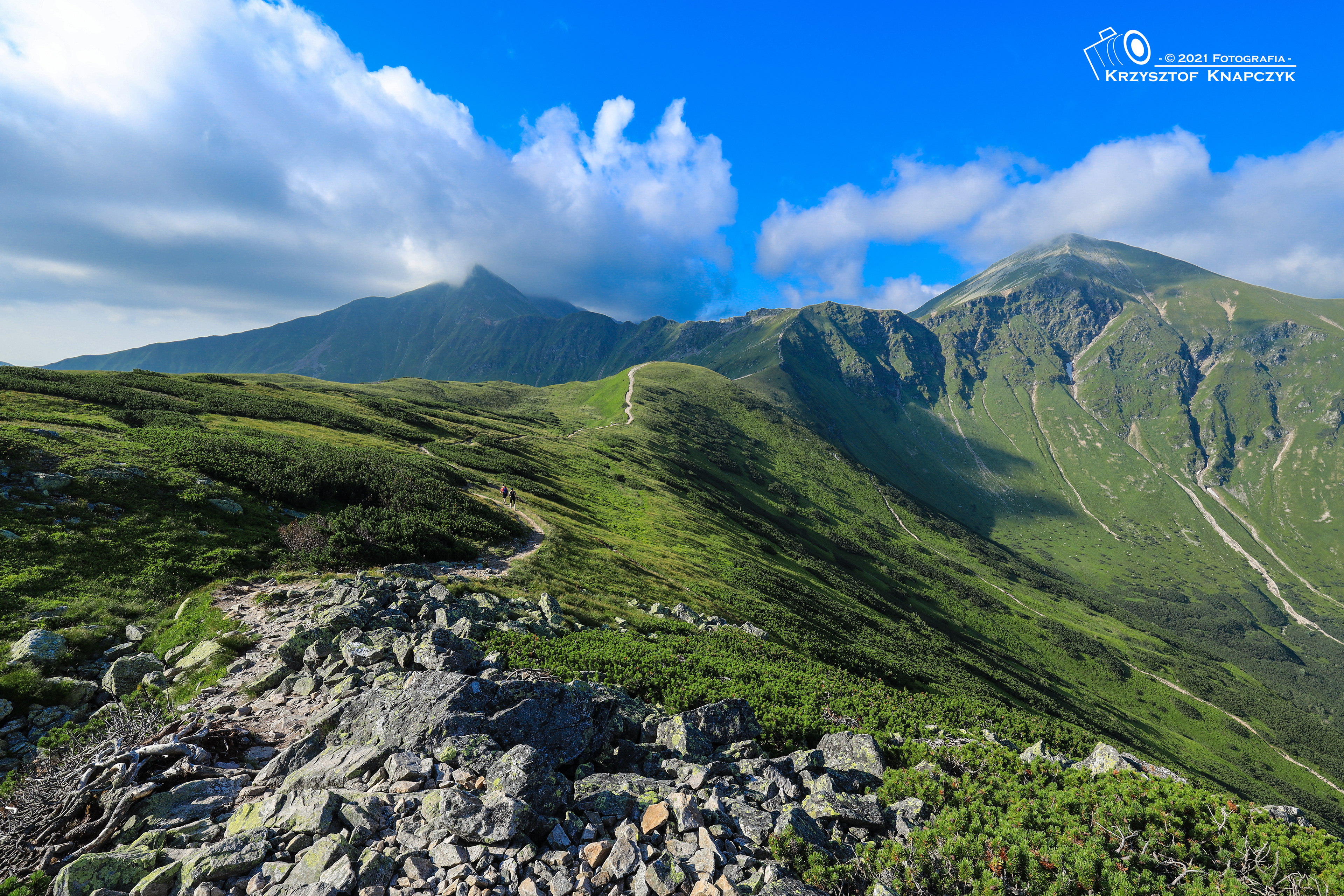 2021 lipiec. Tatry Zachodnie. Widok z Siwych Skał na (od lewej) w chmurach Błyszcz i Bystra, po środku Siwy Zwornik, po prawej Starorobociański Wierch.