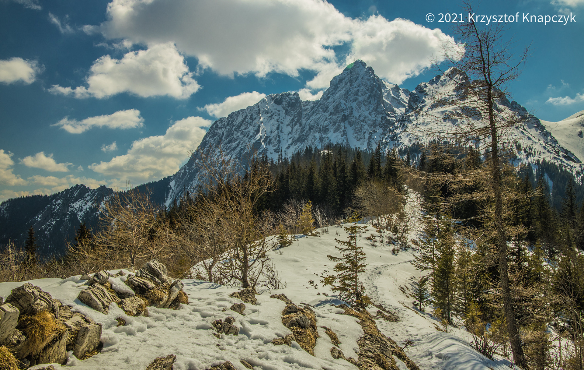 2021 kwiecień. Widok ze szlaku przez Grzybowiec na Giewont i Mały Giewont.