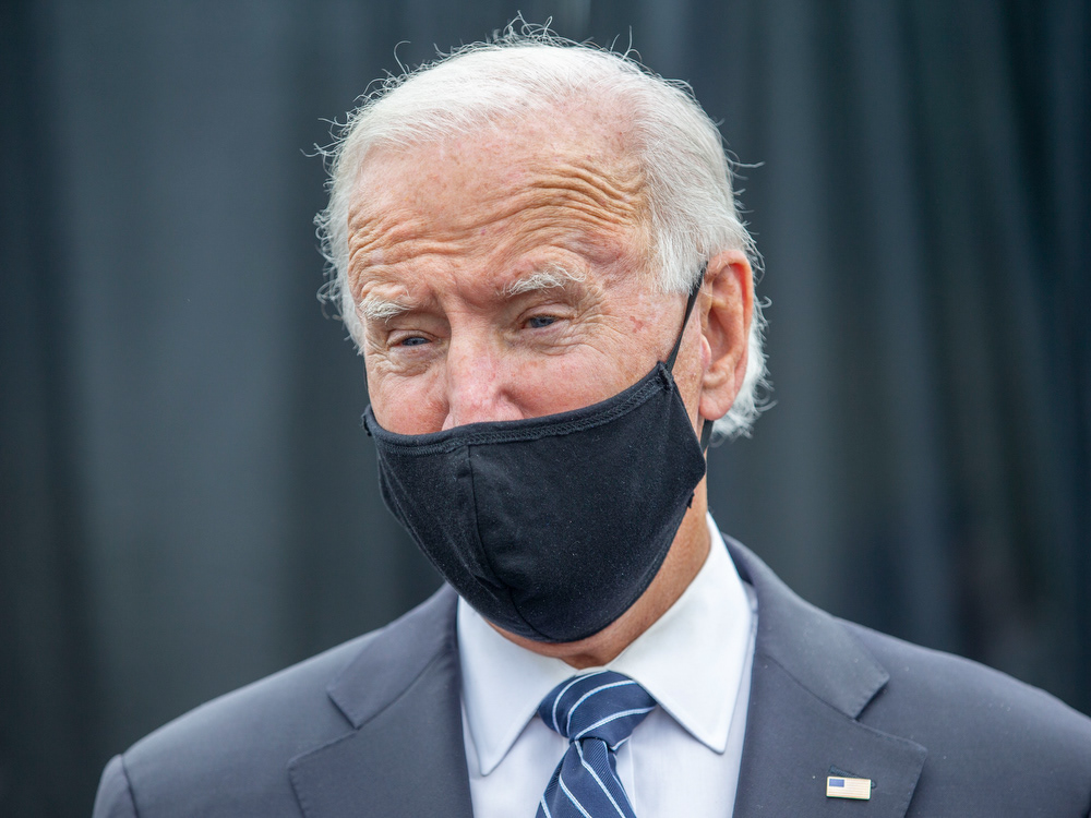 Presidential candidate Joe Biden chats with reporters at the Flight 93 National Memorial, after laying a wreath and visiting with family of Flight 93 victims, Sept. 11, 2020.