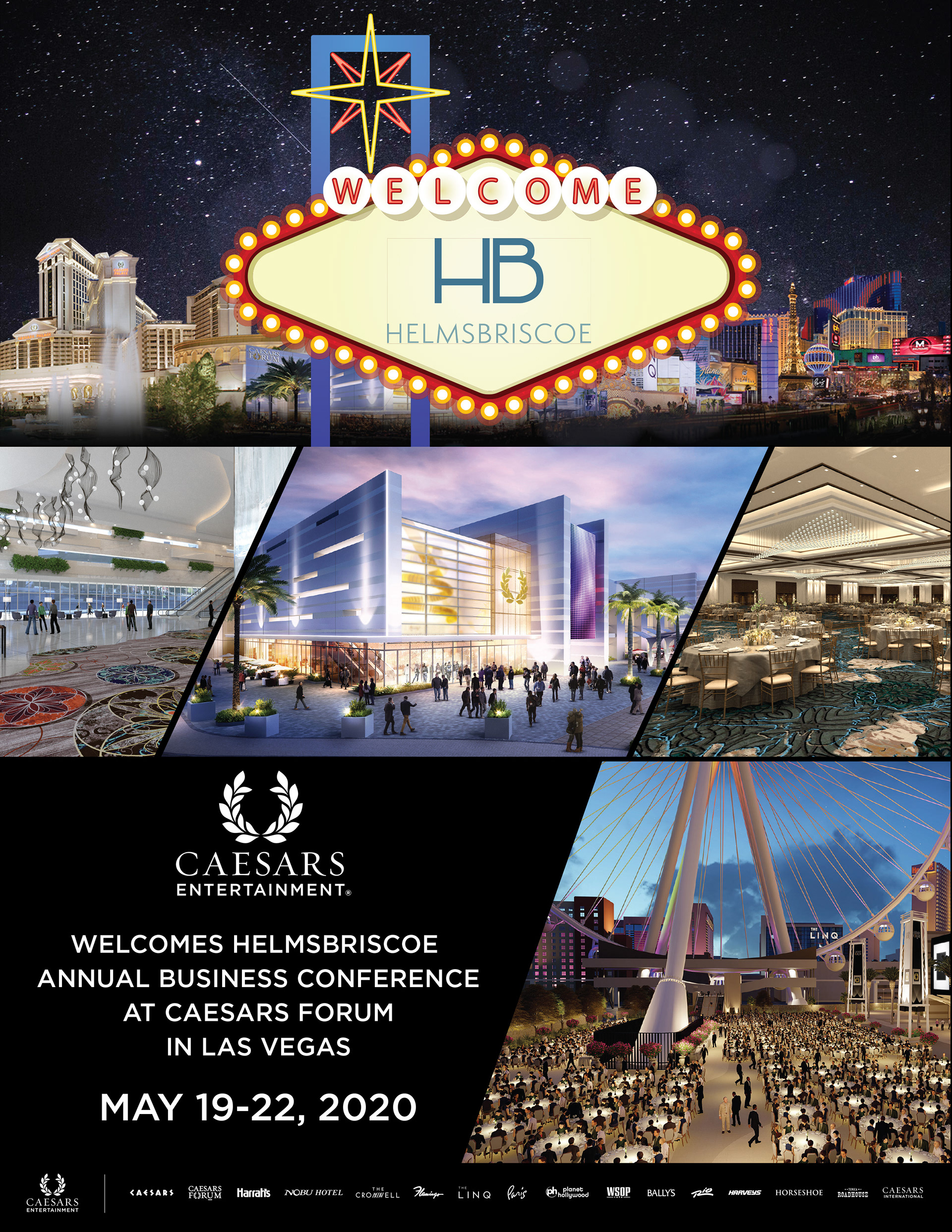 This was a fun piece of marketing collateral to put together for our third-party 's conference. I was aiming for the flashy feel of Las Vegas while still showcasing CAESARS FORUM images in a dynamic way.