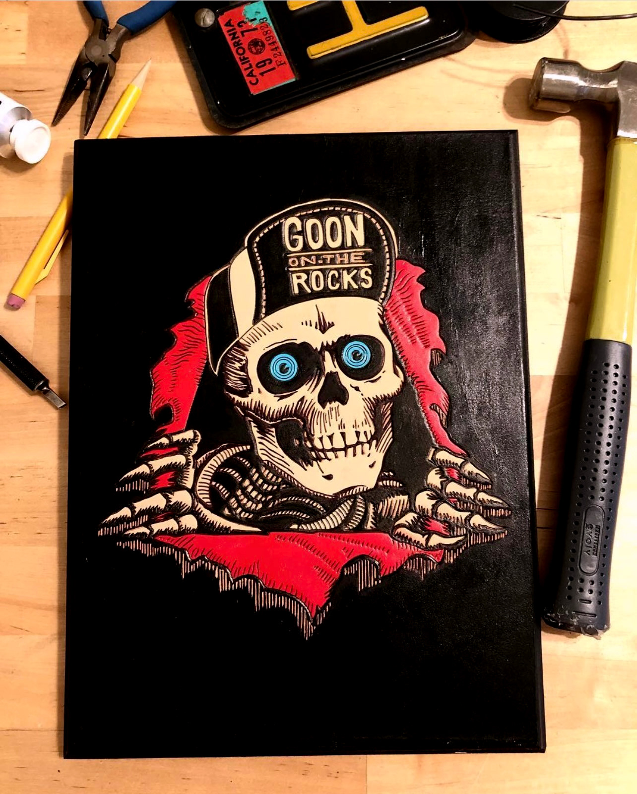 Carved Leather Plaque with acrylic