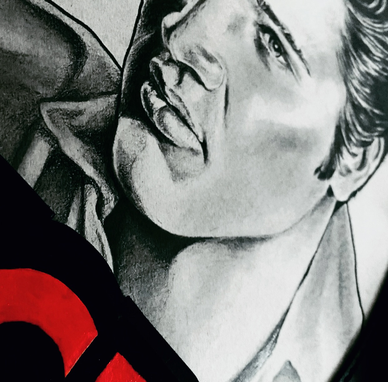 Graphite on board with carved leather frame on wood plaque 