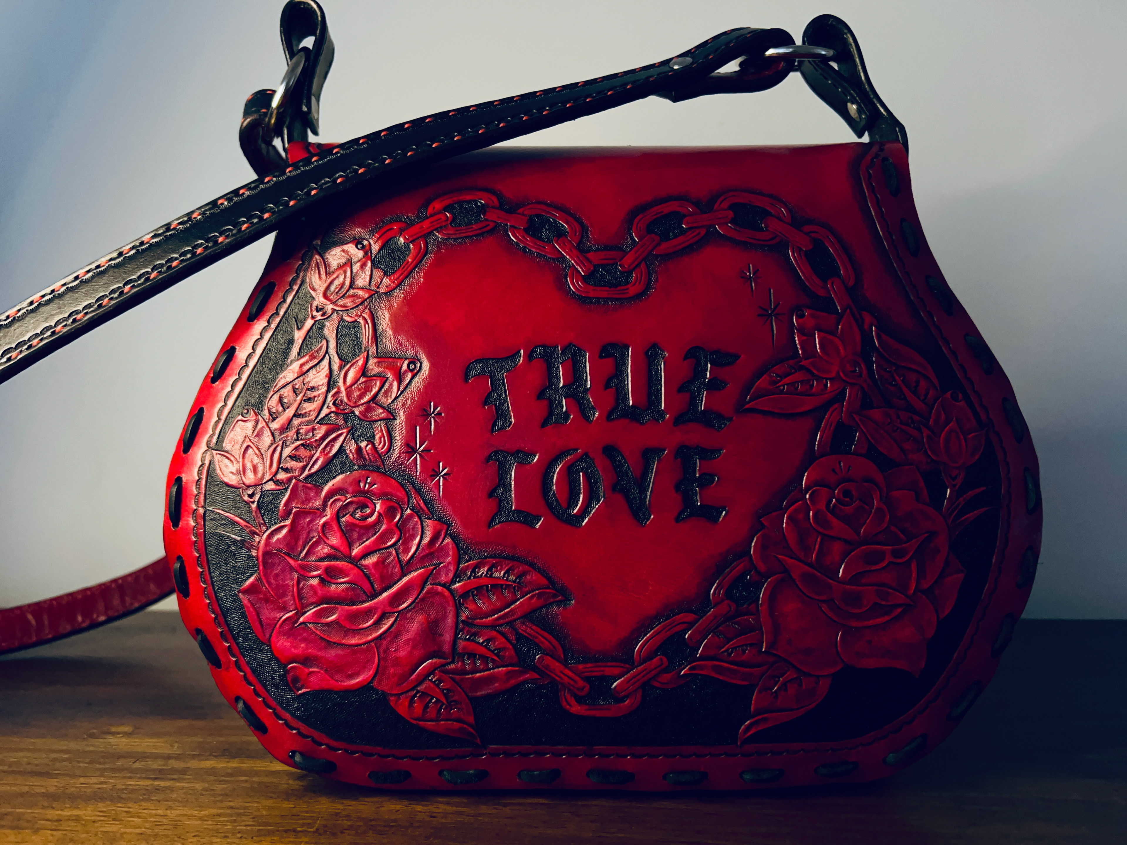 Designed and Hand Carved Leather Handbag 