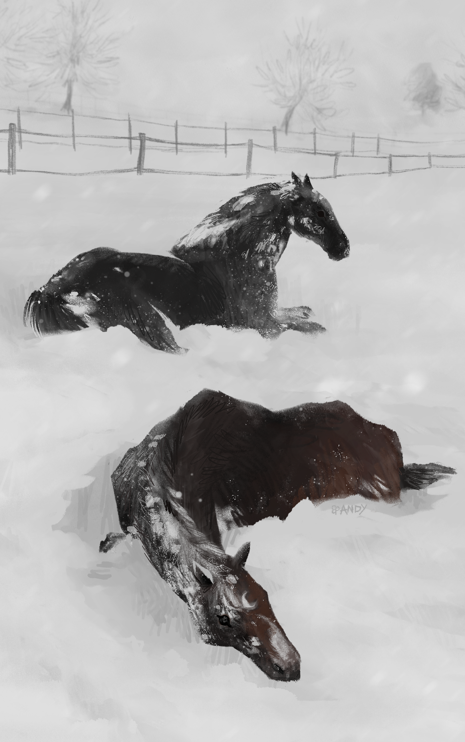 'Snowy horses'. Procreate, 2025.