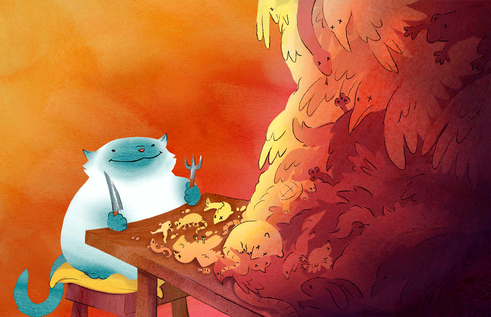 Mock editorial illustration about cat's impact on wildlife. Digital and Gouache, 2024.