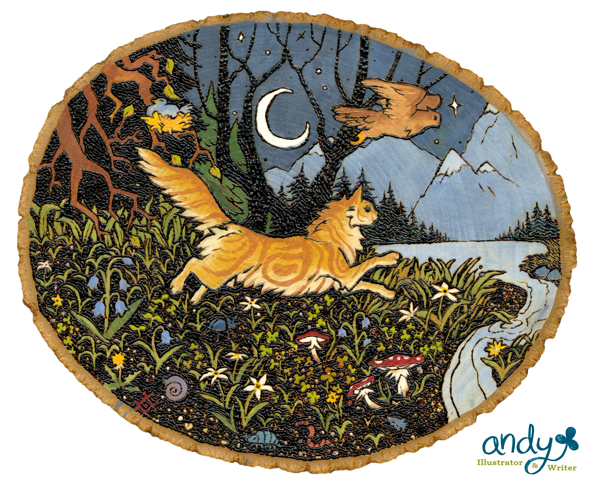 'Midnight Sprint' woodburning.  Acrylic and basswood. 2023