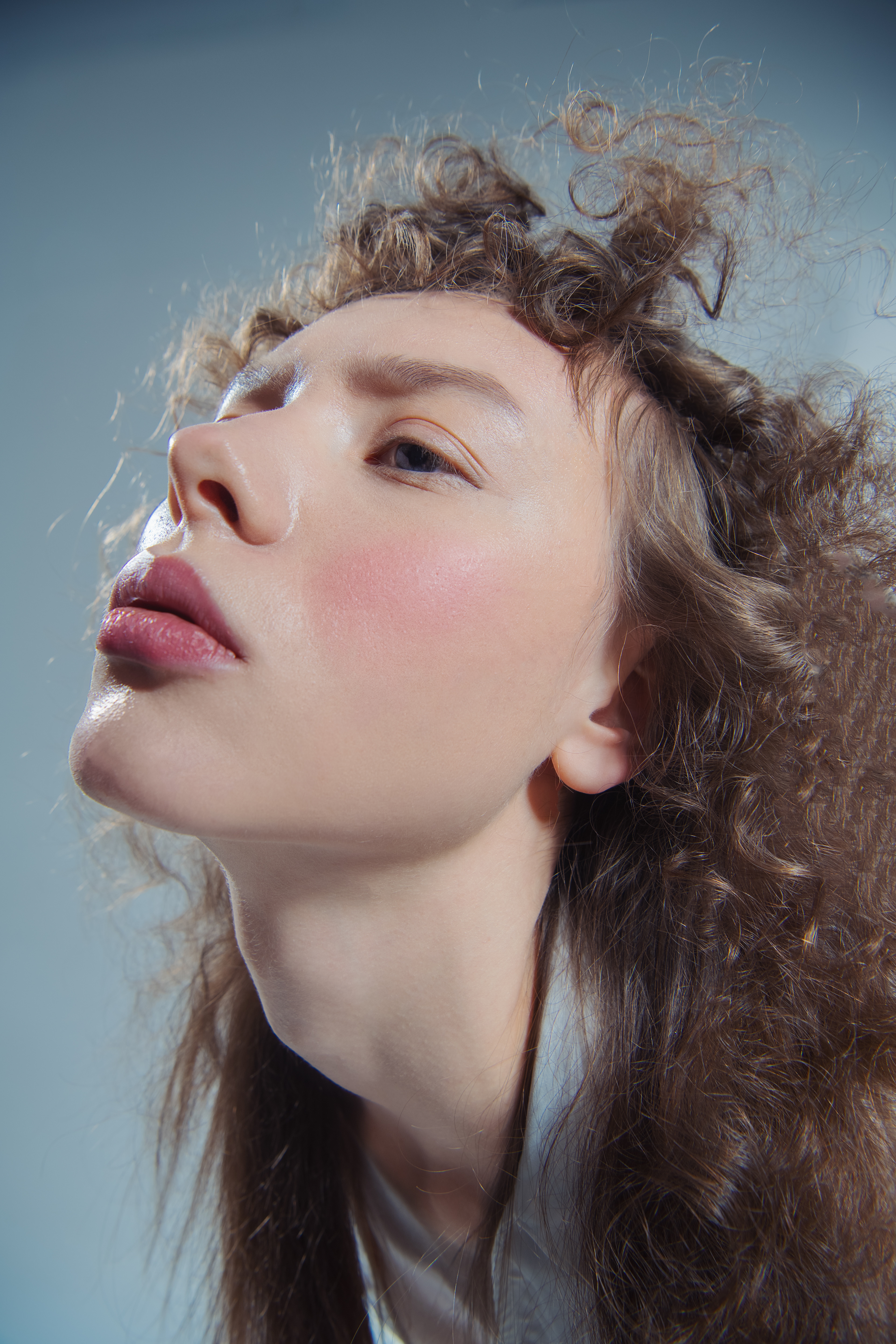 Shot of a woman with long brown hair and natural makeup.