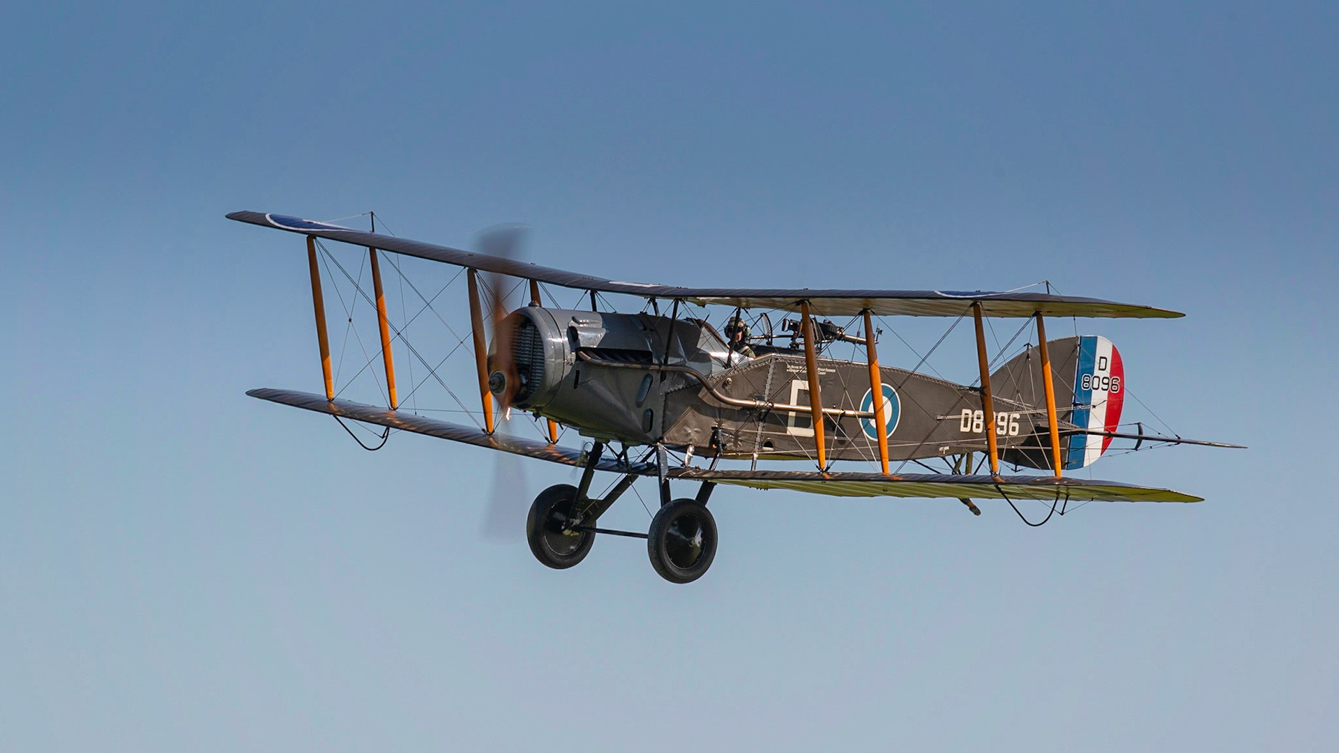 Biggleswade, UK - 6th May 2018:  A World War 1 vintage 1917  Bristol F2.b fighter bomber in flight at the Shuttleworth Collection.