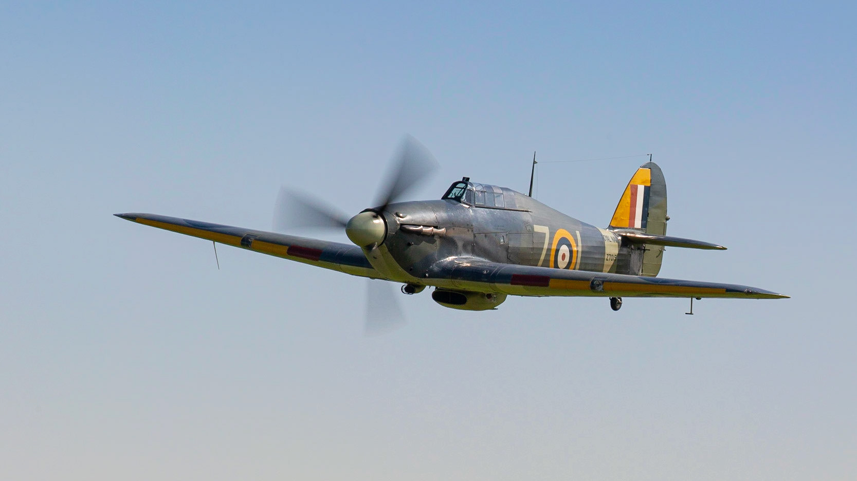 Biggleswade, UK - 6th May 2018:  A Hawker Hurricane vintage aircraft in flight