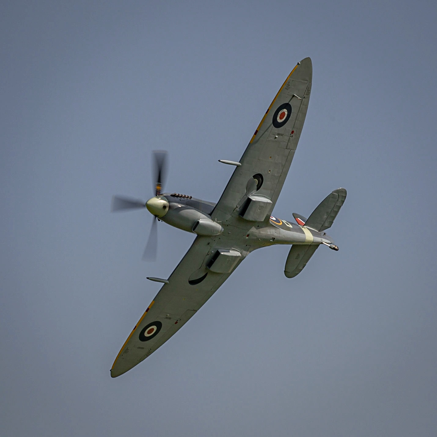 Biggleswade, UK - 6th May 2018:  A Supermarine Spitfire vintage World War Two British fighter aircraft in flight