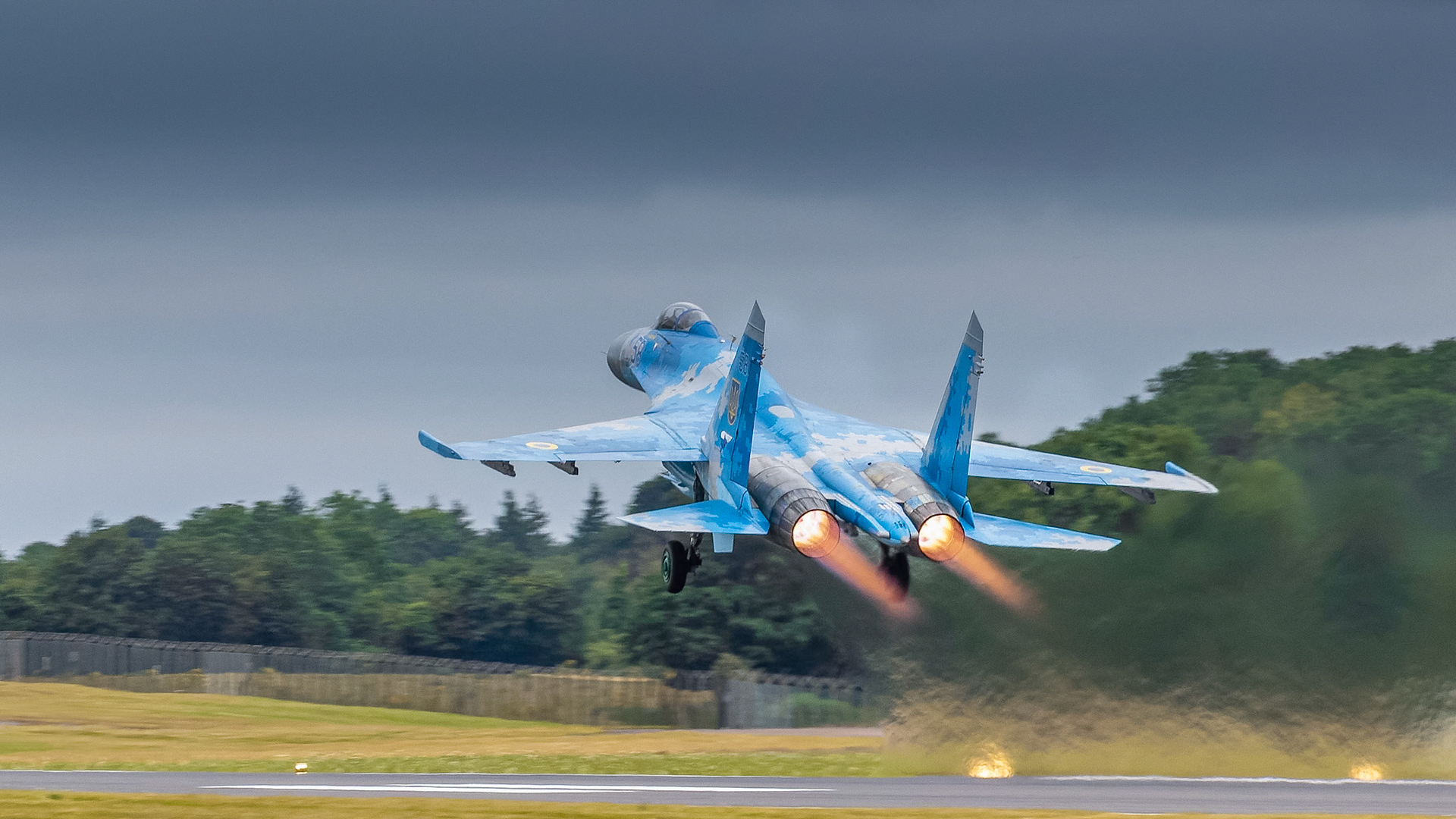 Fairford, UK - 15th July 2017: A Sukhoi Su-27 Flanker fighter aircraft in flight
