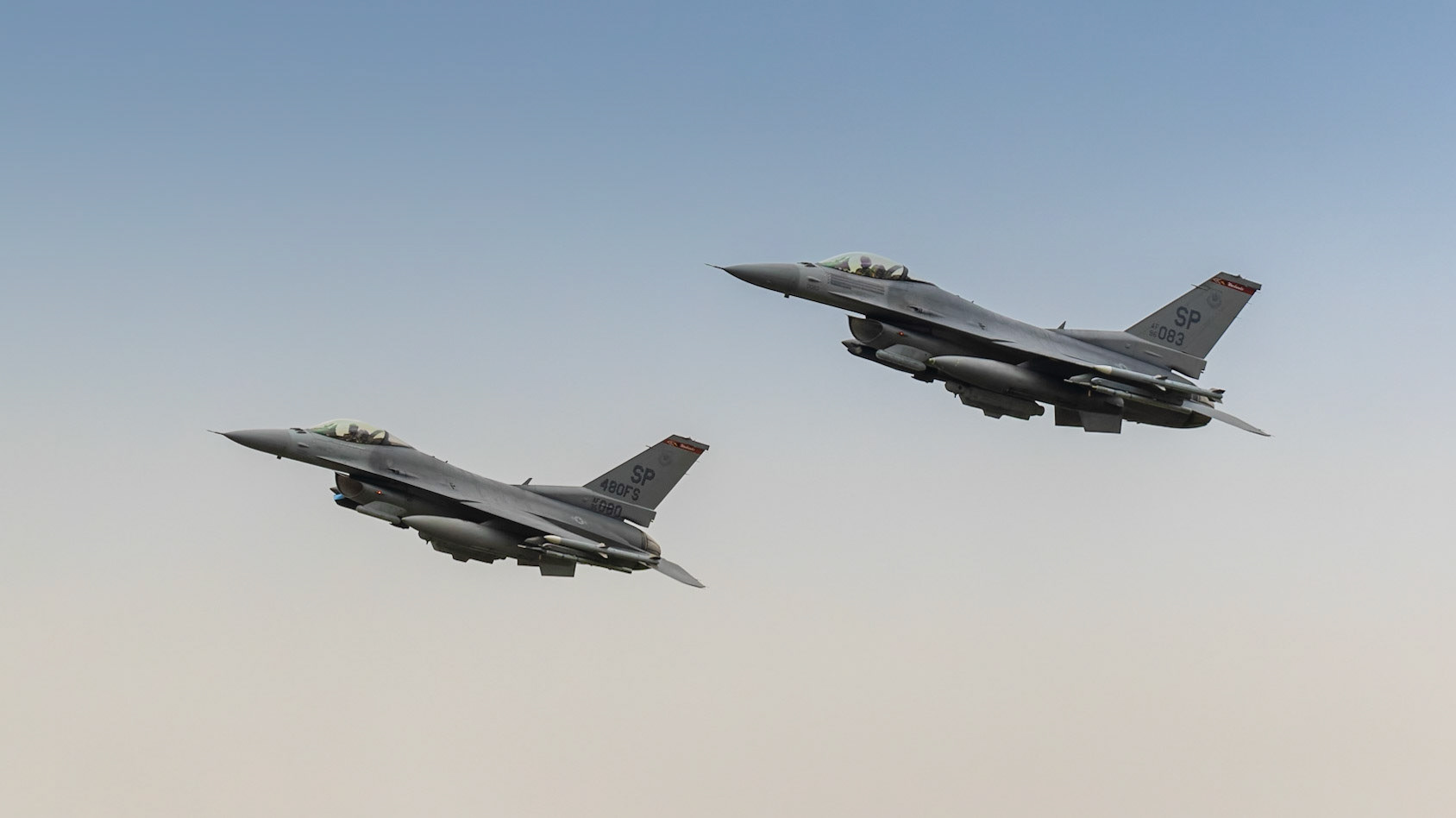 Fairford, UK - 15th July 2017: A USAF F16 Fighter aircraft pair in flight