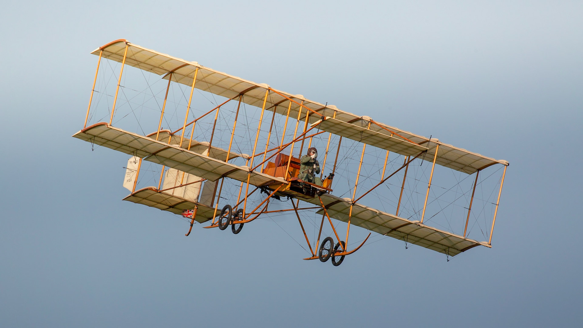 Biggleswade, UK - 6th May 2018:  A Flying replica of the Bristol Boxkite in flight at the Shuttleworth Collection.