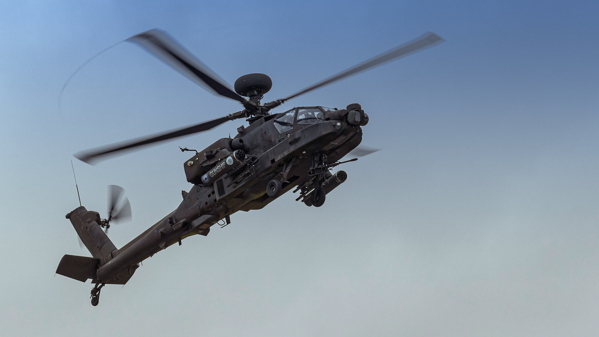 Fairford, UK - 15th July 2017: An Agusta-Westland Apache attack helicopter in flight