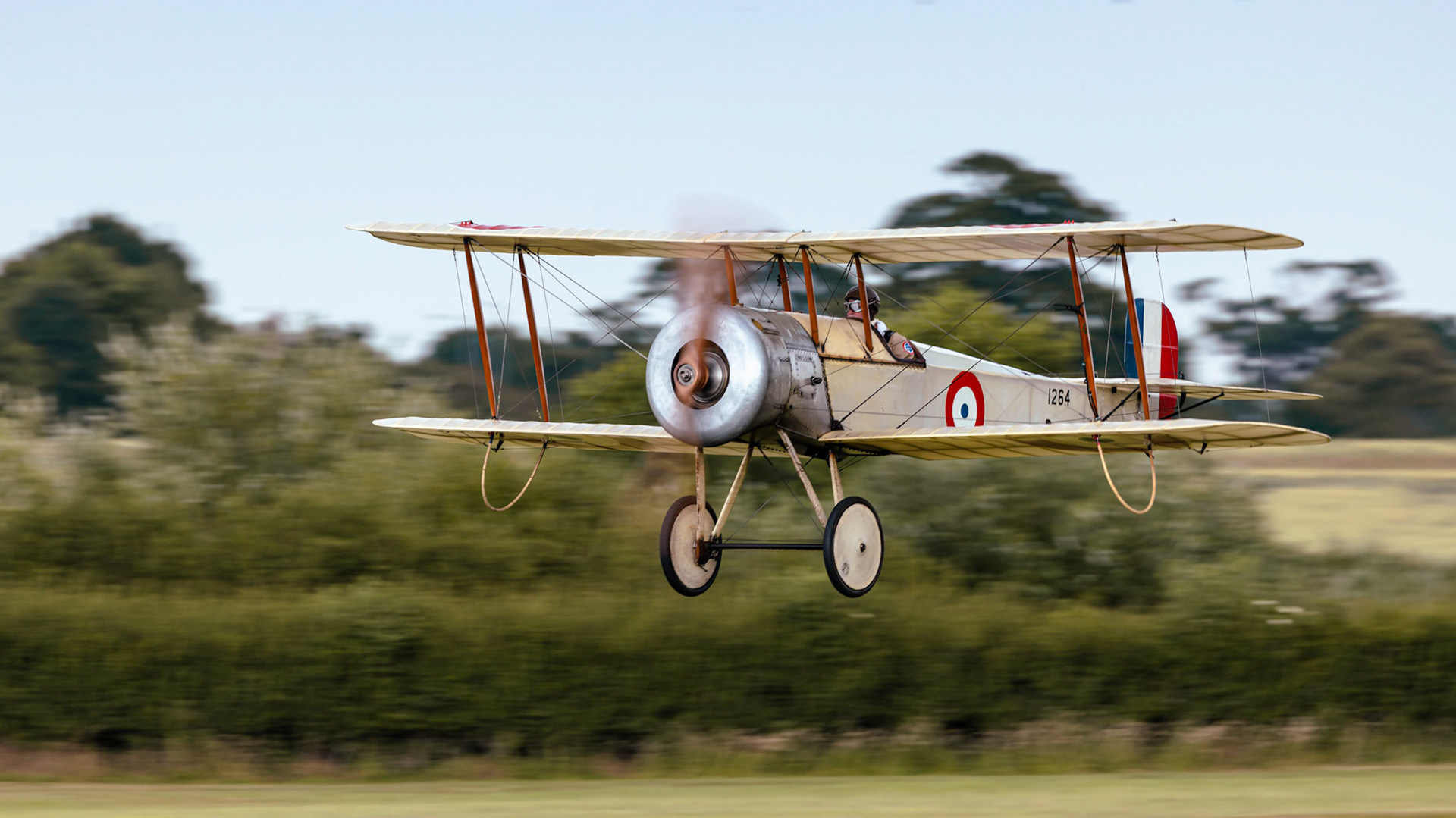 Old Warden, UK - 3rd July 2022: A vintage Bristol Scout C (replica) in flight landing at airfield