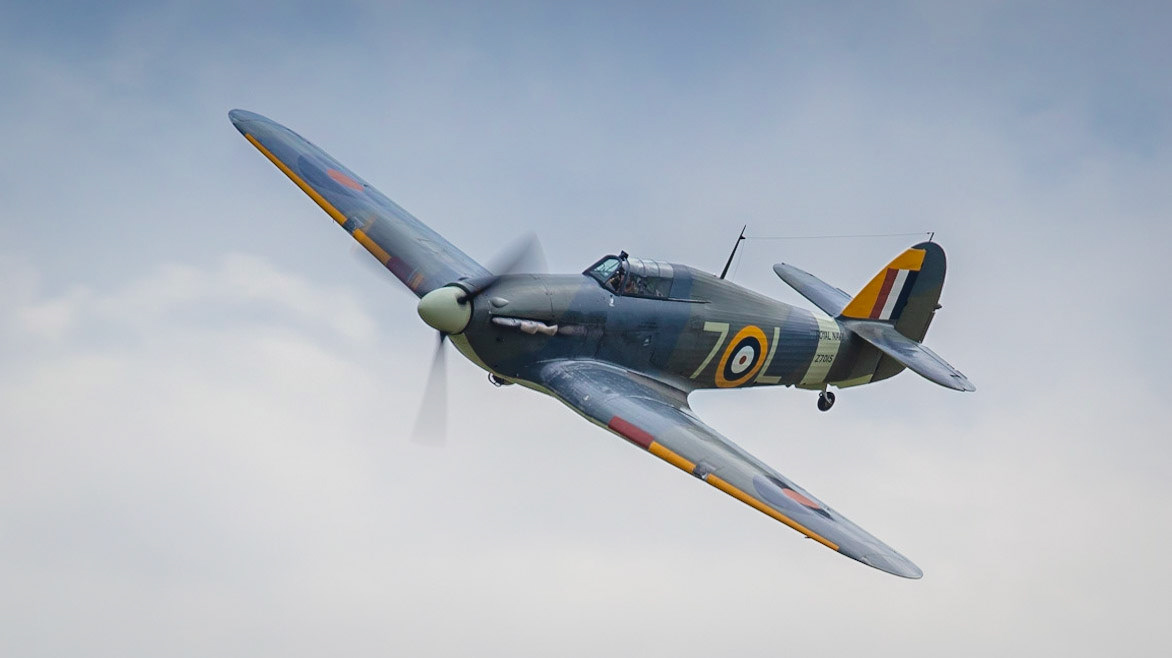 Old Warden, UK - 4th August 2019: A vintage WW2 Hawker Hurricane in flight