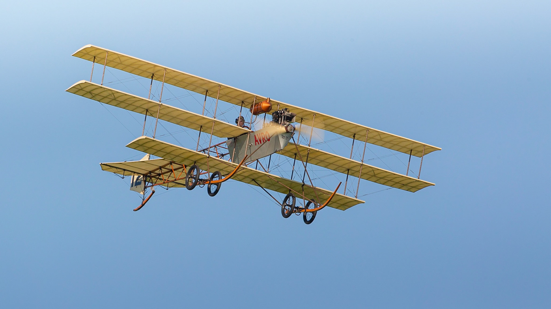 Biggleswade, UK - 6th May 2018:  A Flying replica of the Avro Triplane 1910 in flight at the Shuttleworth Collection.