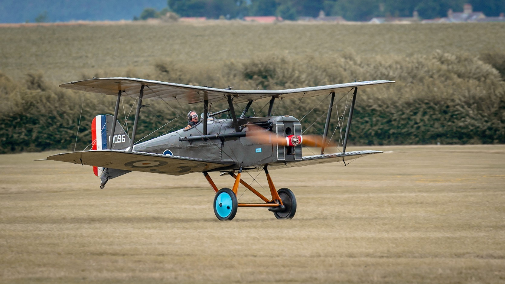 Old Warden, UK - 4th August 2019: A World War One vintage Royal Aircraft Factory SE5 british fighter aircraft landing at airfield