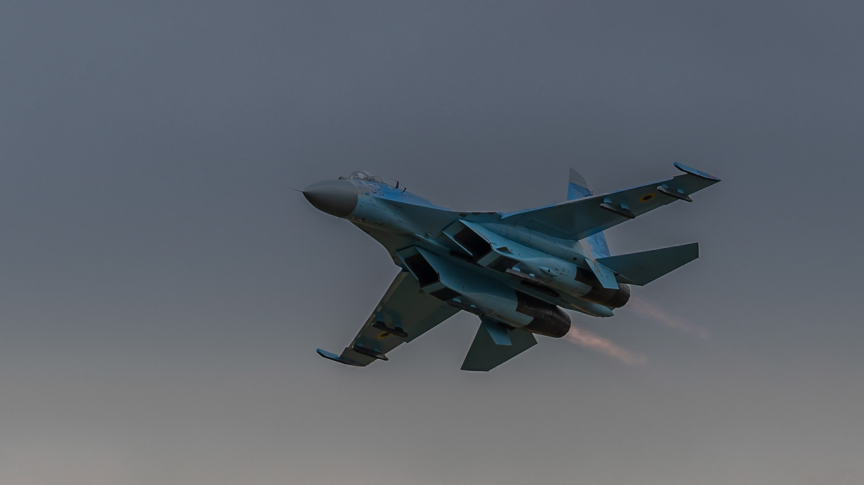 Fairford, UK - 15th July 2017: A Sukhoi Su-27 Flanker fighter aircraft in flight