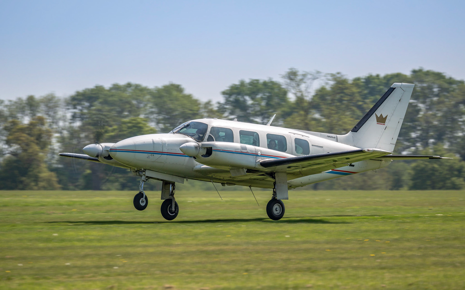 Biggleswade, UK - 6th May 2018:  Piper PA-31 Navajo aircraft landing at airfield