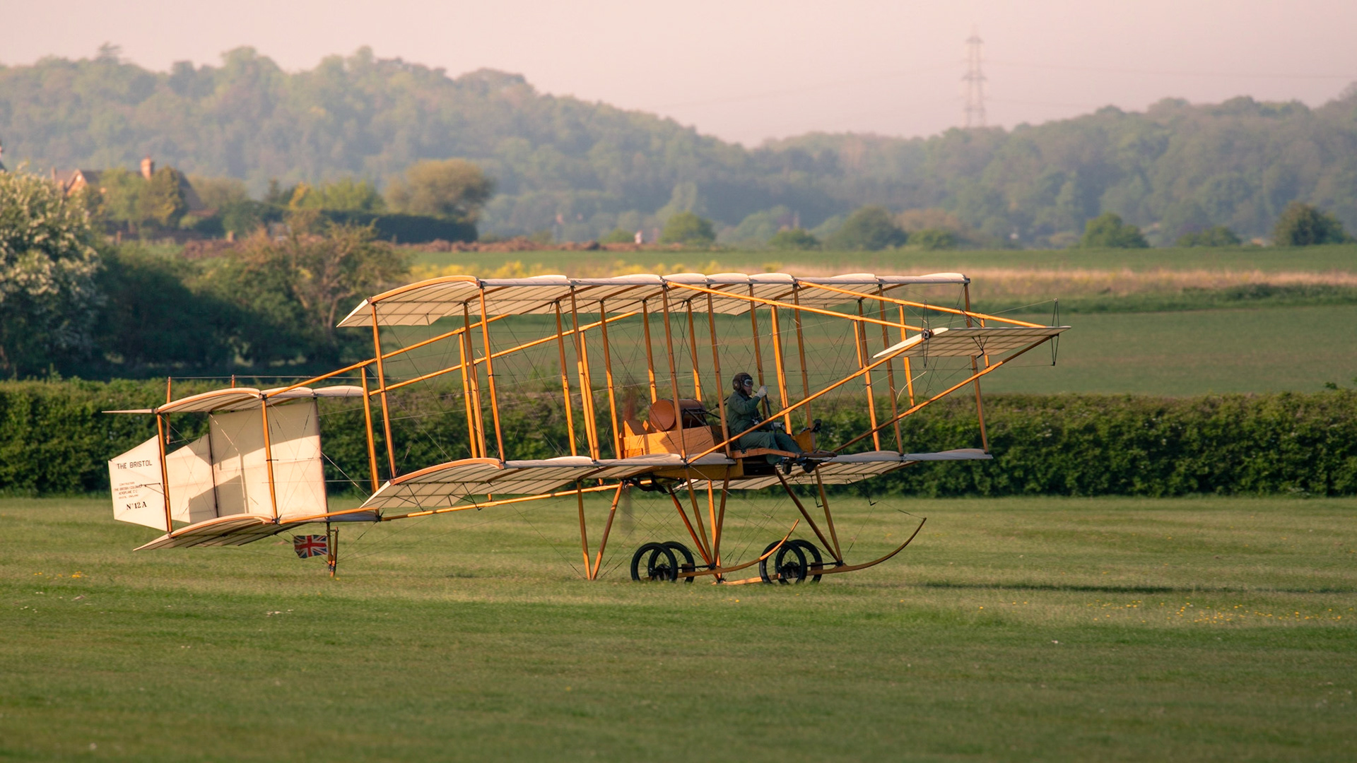 Biggleswade, UK - 6th May 2018:  A Flying replica of the Bristol Boxkite in flight at the Shuttleworth Collection.