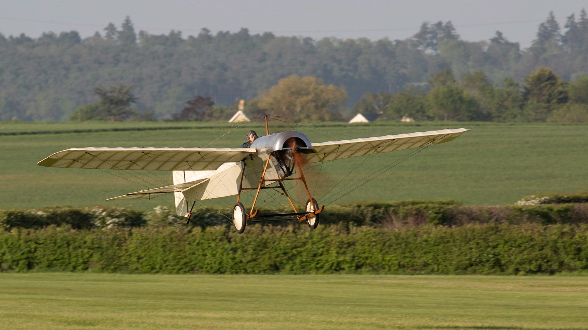 Biggleswade, UK - 6th May 2018:  A Flying replica of a Deperdussin1910 in flight at the Shuttleworth Collection.