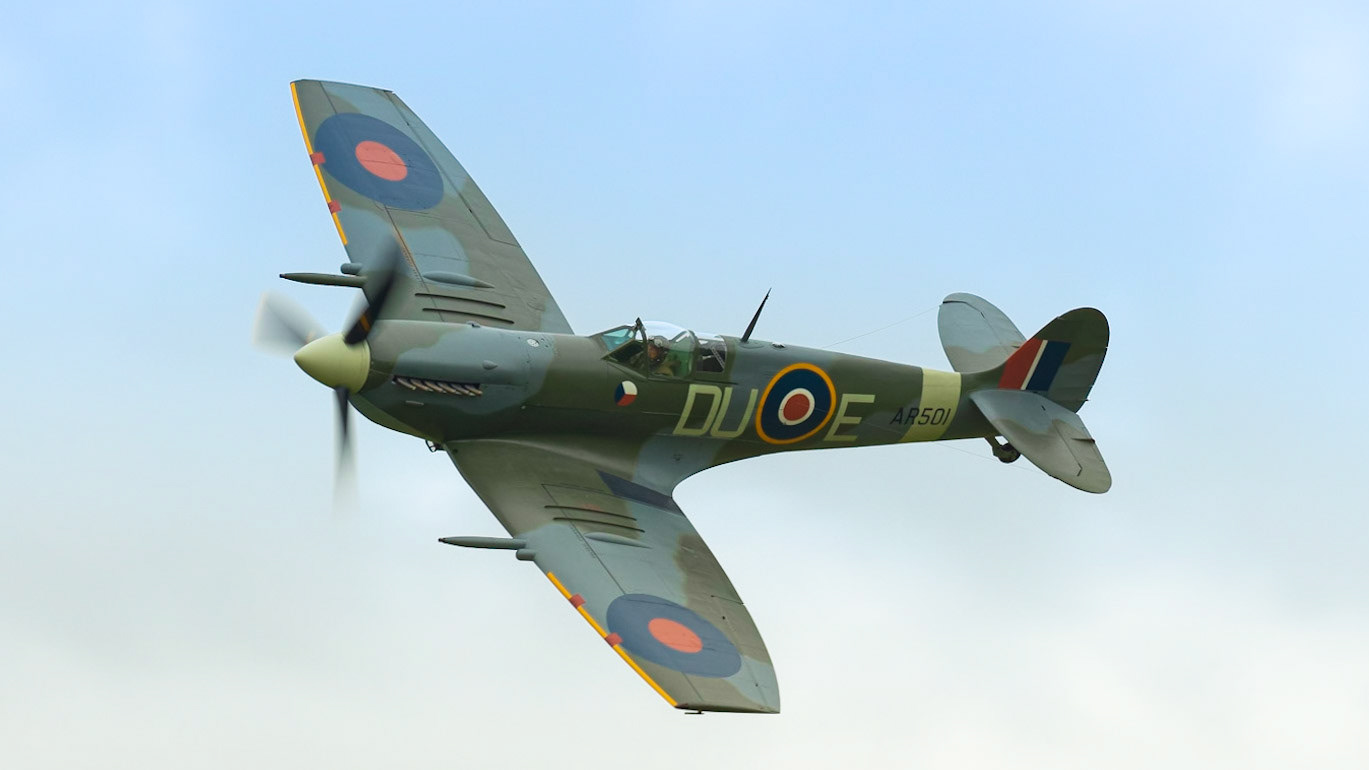 Old Warden, UK - 4th August 2019: A vintage world war two British Spitfire fighter plane in flight