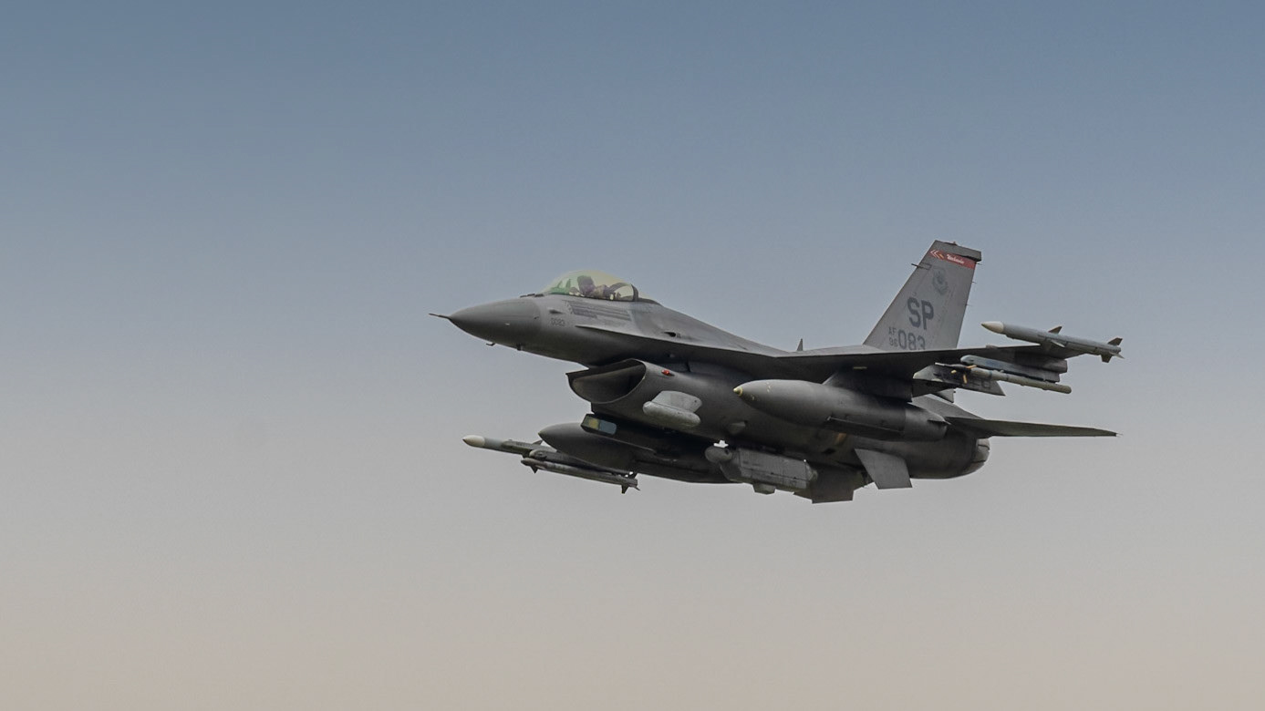 Fairford, UK - 15th July 2017: A USAF F16 Fighter aircraft in flight