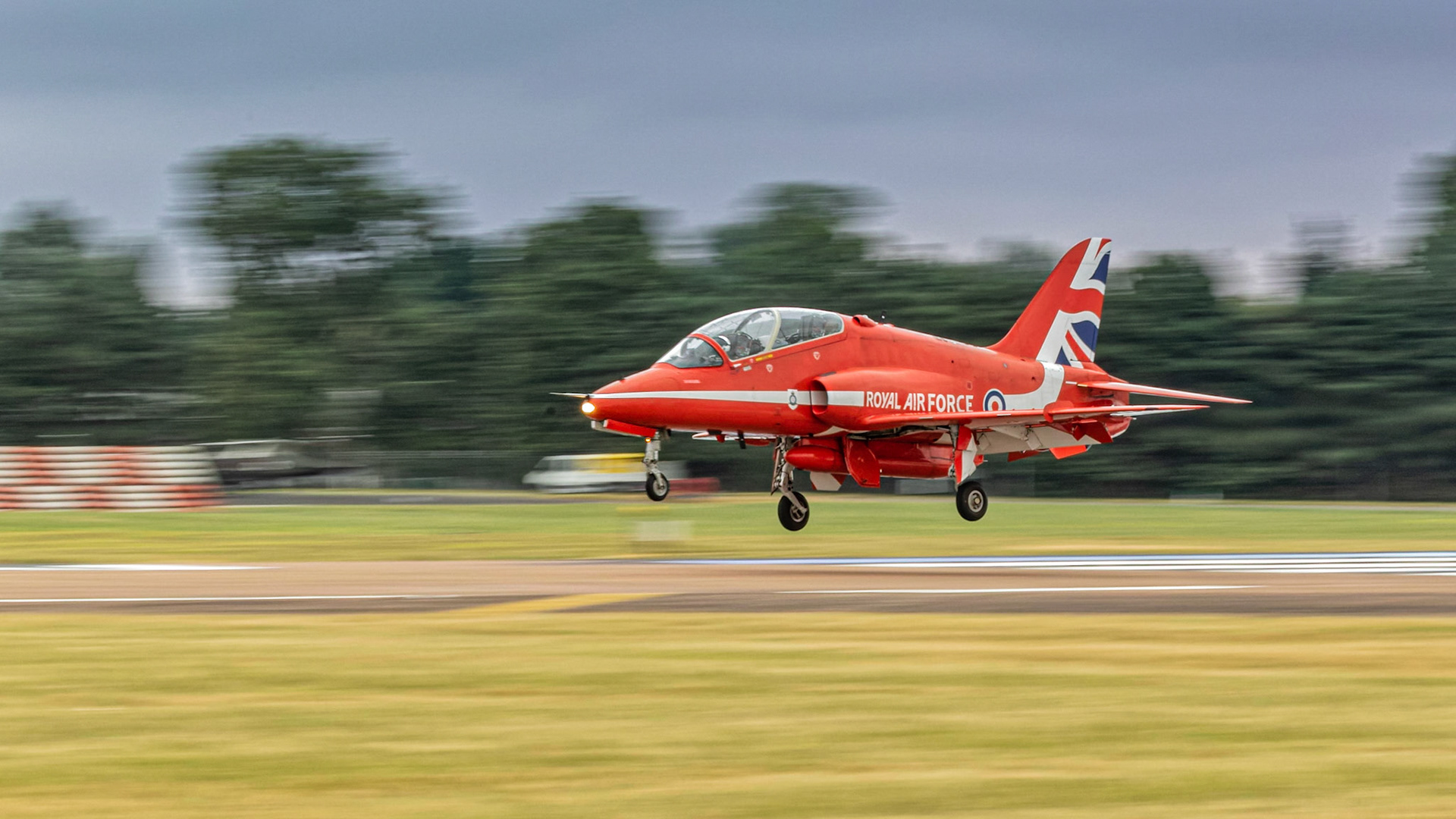 Fairford, UK - 15th July 2017: An RAF Red Arrows Hawk jet aircraft landing at speed