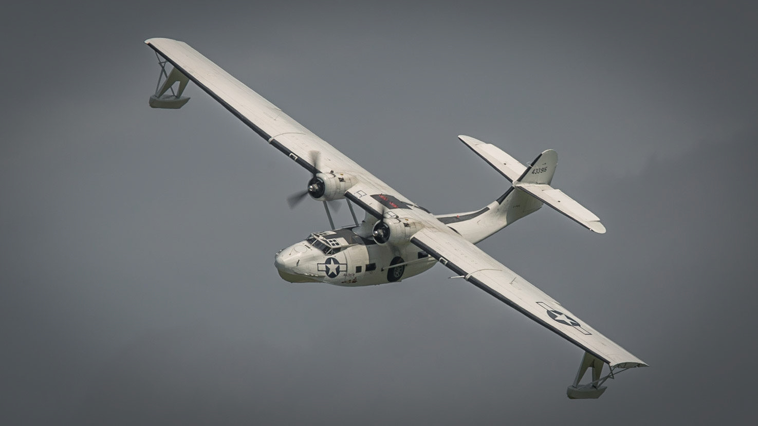 Biggleswade, UK - 7th May 2017: A Consolidated PBY Catalina. Vintage USN flying boat, "Miss Pickup' in flight