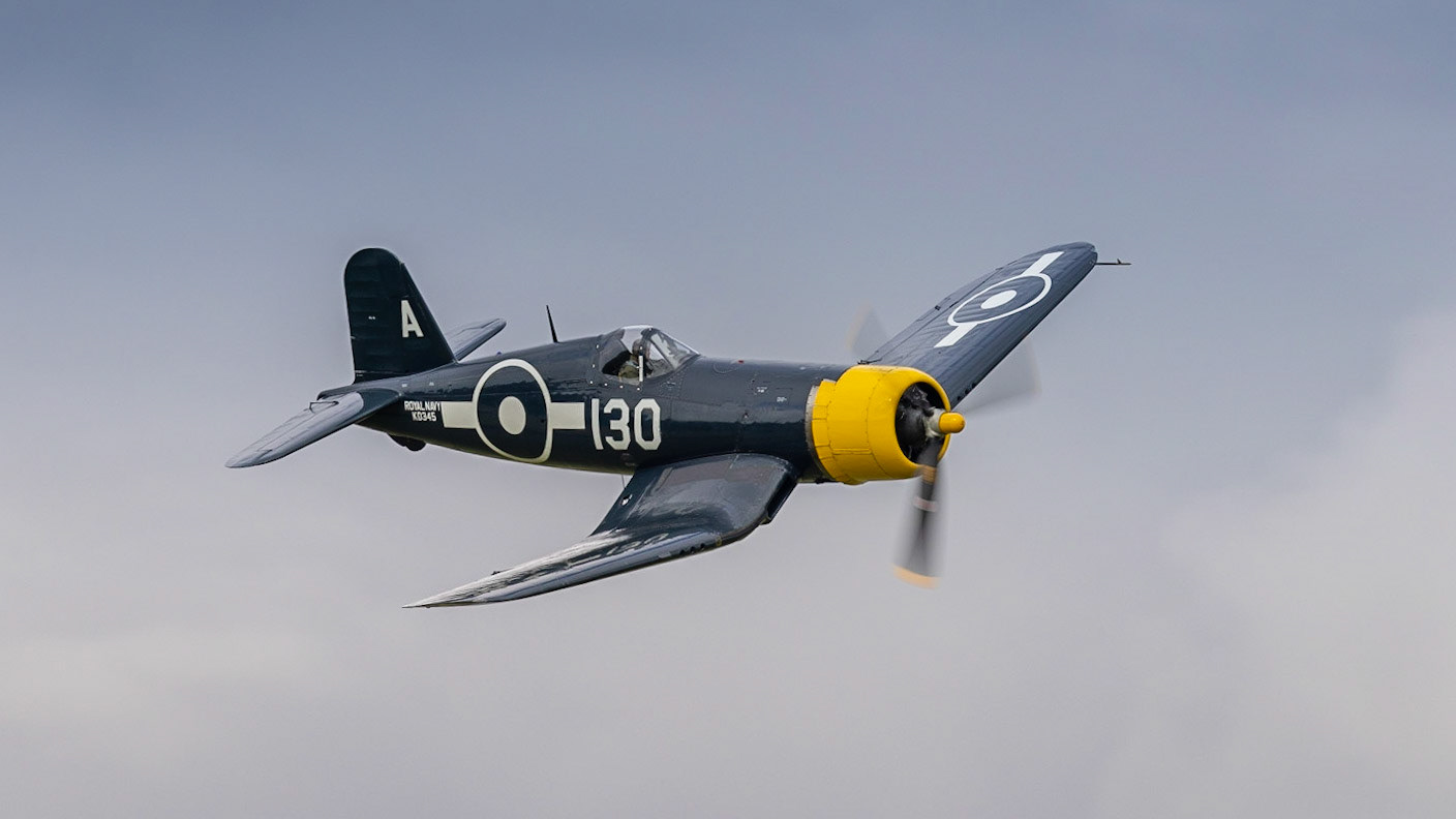 Old Warden, UK - 3rd July 2022: A vintage A vintage Chance Vought FG-1D Corsair world war 2 us navy fighter in flight