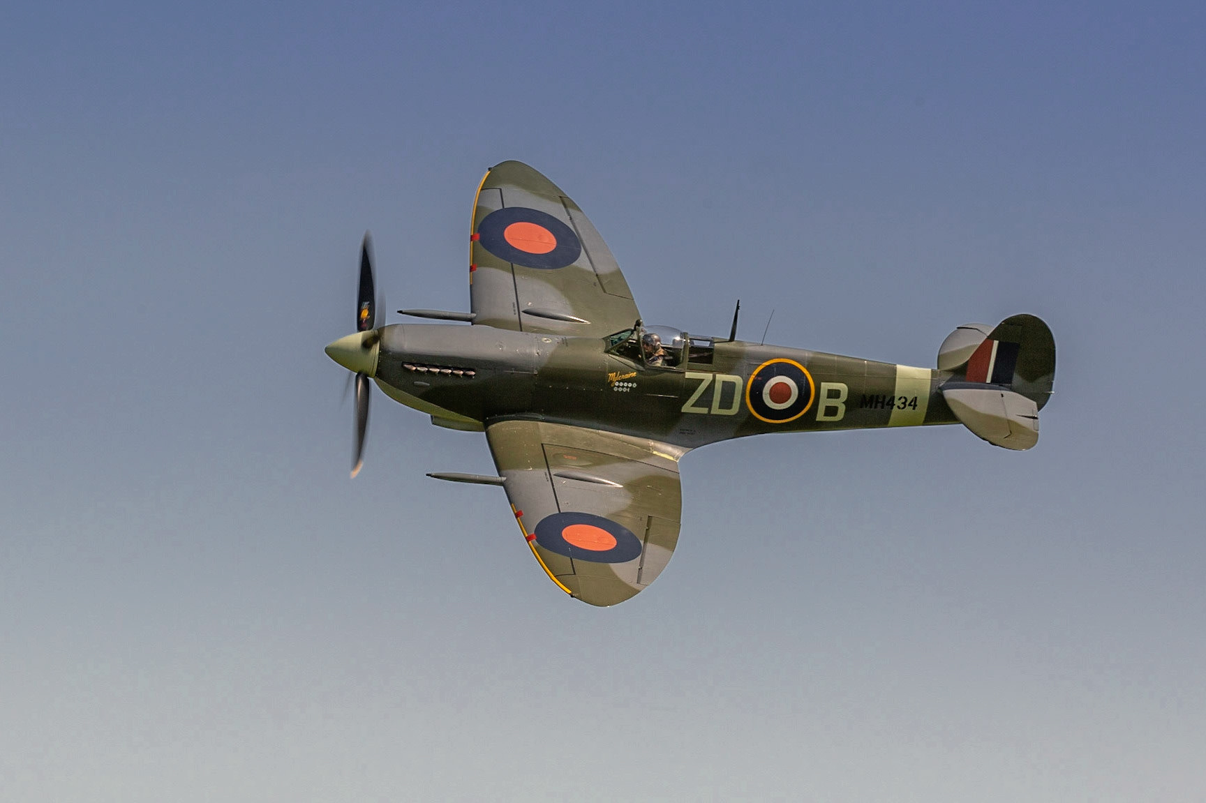 Biggleswade, UK - 6th May 2018:  A Supermarine Spitfire vintage World War Two British fighter aircraft in flight