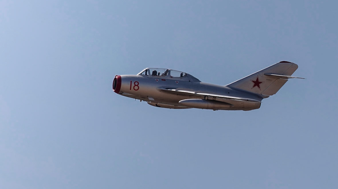 Yeovilton, UK - 7th July 2018: A Russian MiG 17 vintage aircraft in flight over airfield