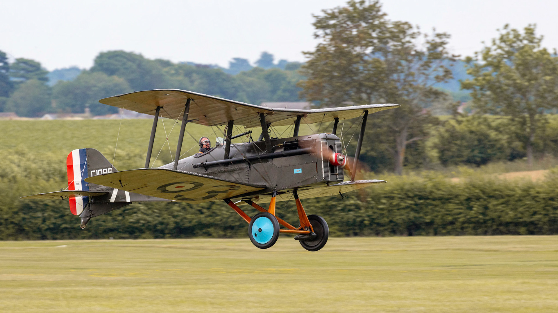 Old Warden, UK - 4th August 2019: A World War One vintage Royal Aircraft Factory SE5 british fighter aircraft landing at airfield