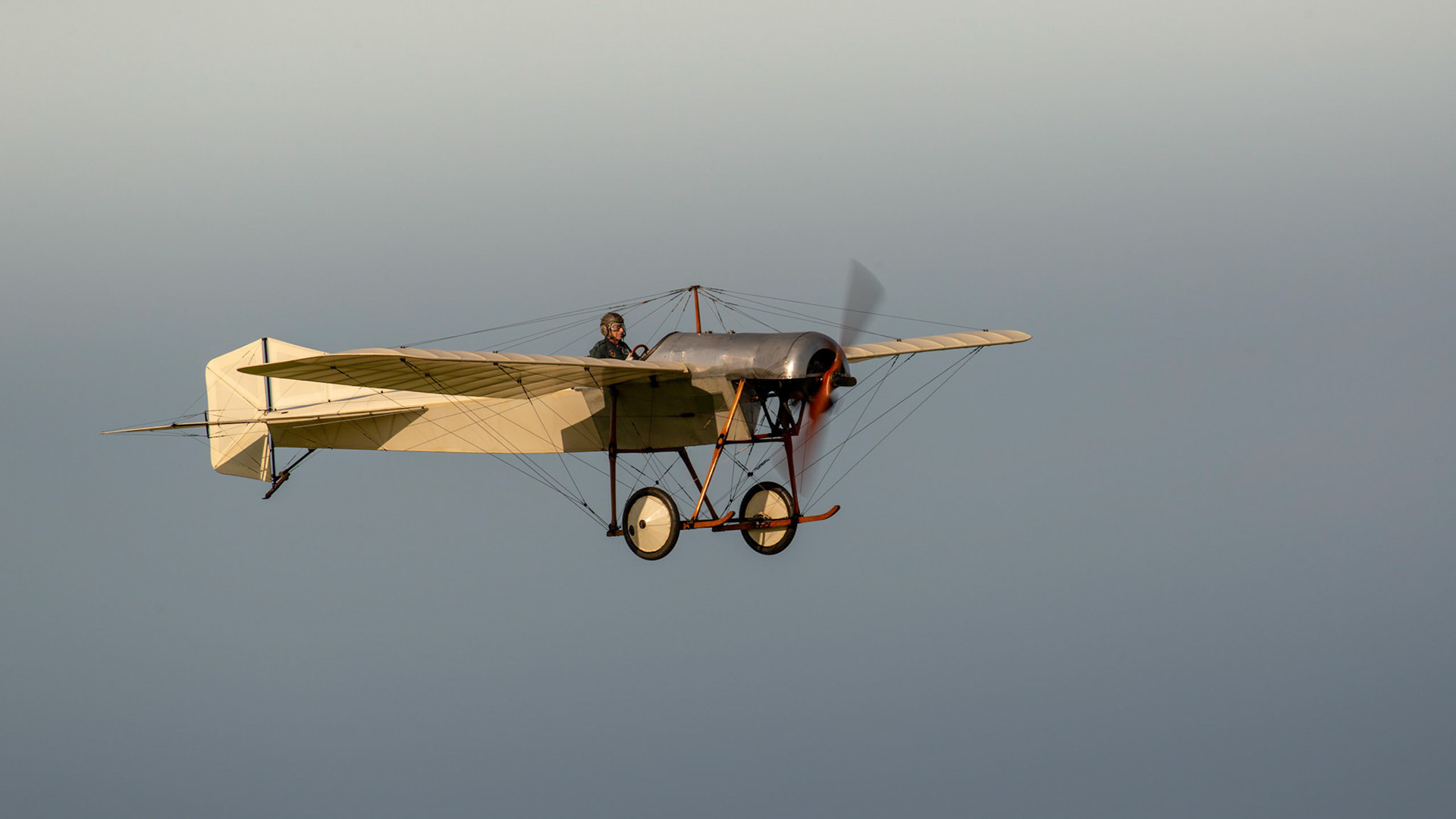 Biggleswade, UK - 6th May 2018:  A Flying replica of a Deperdussin1910 in flight at the Shuttleworth Collection.