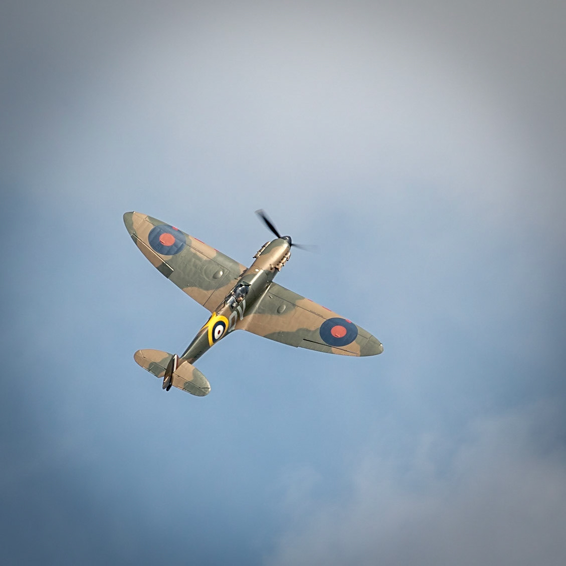 Biggleswade, UK - 7th May 2017: Vintage British Sptitfire fighter plane in flight