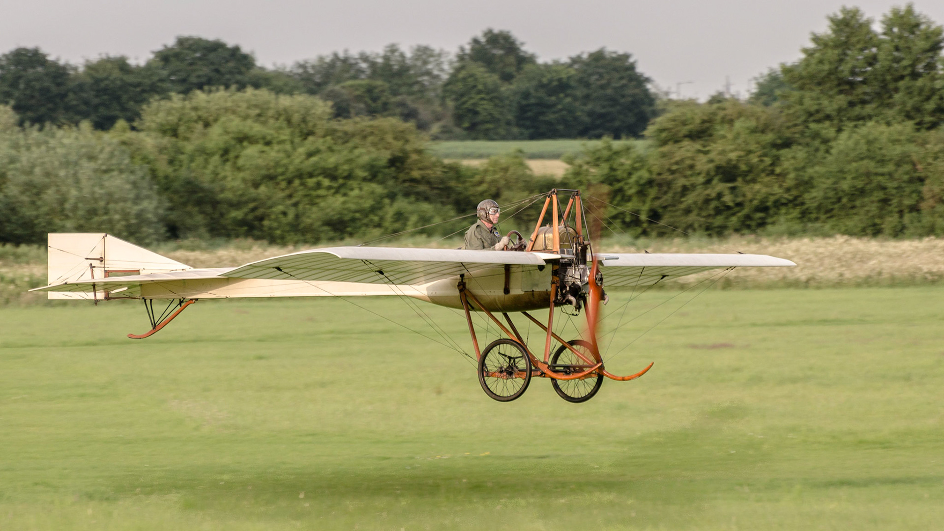 1910 Deperdussin in flight. An early original aircraft built in 1910 and owned and flown (in the right conditions) by The Shuttleworth Collection, UK.