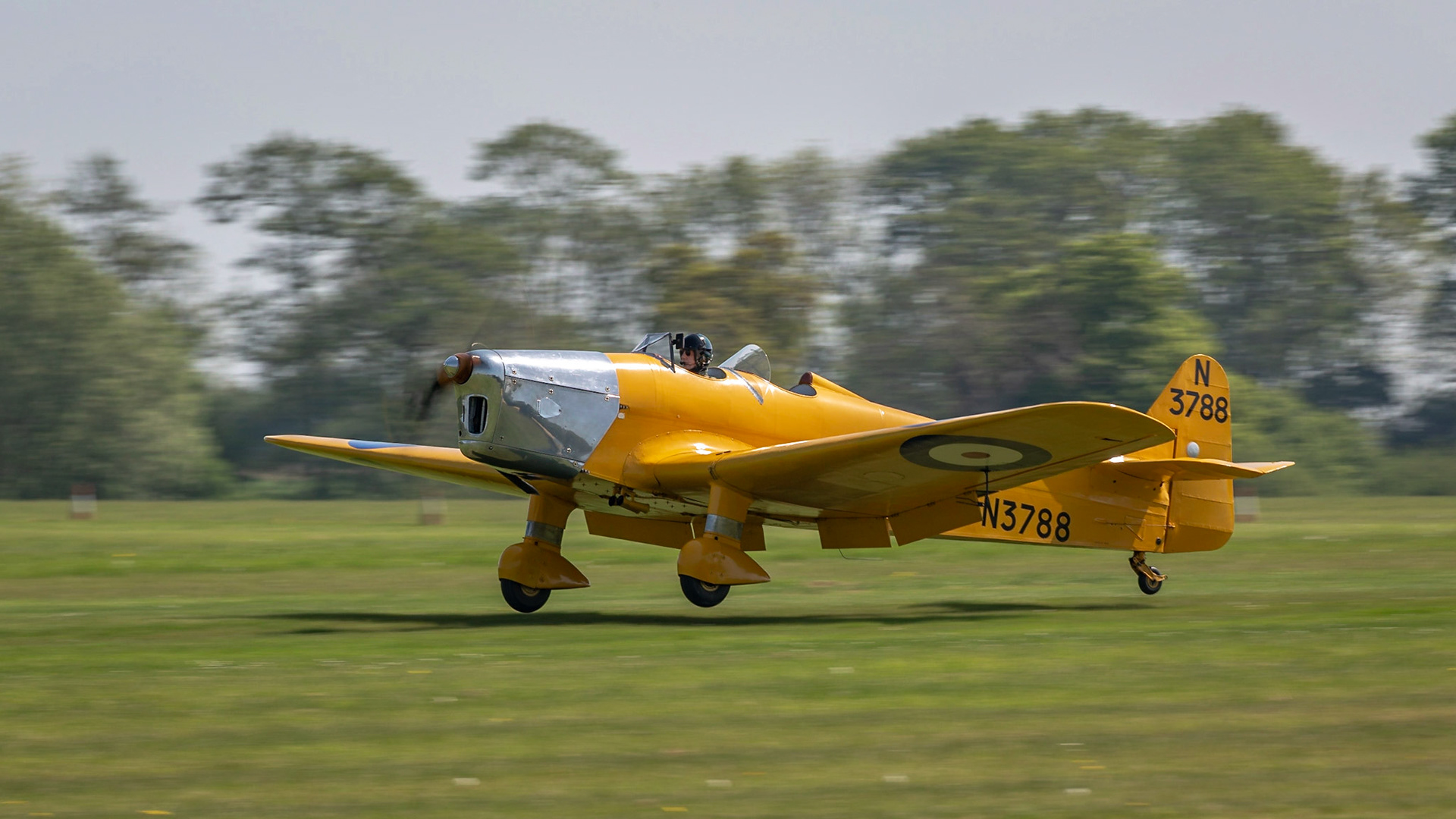 Biggleswade, UK - 6th May 2018:  A Miles Magister vintage aircraft takes off from airfield
