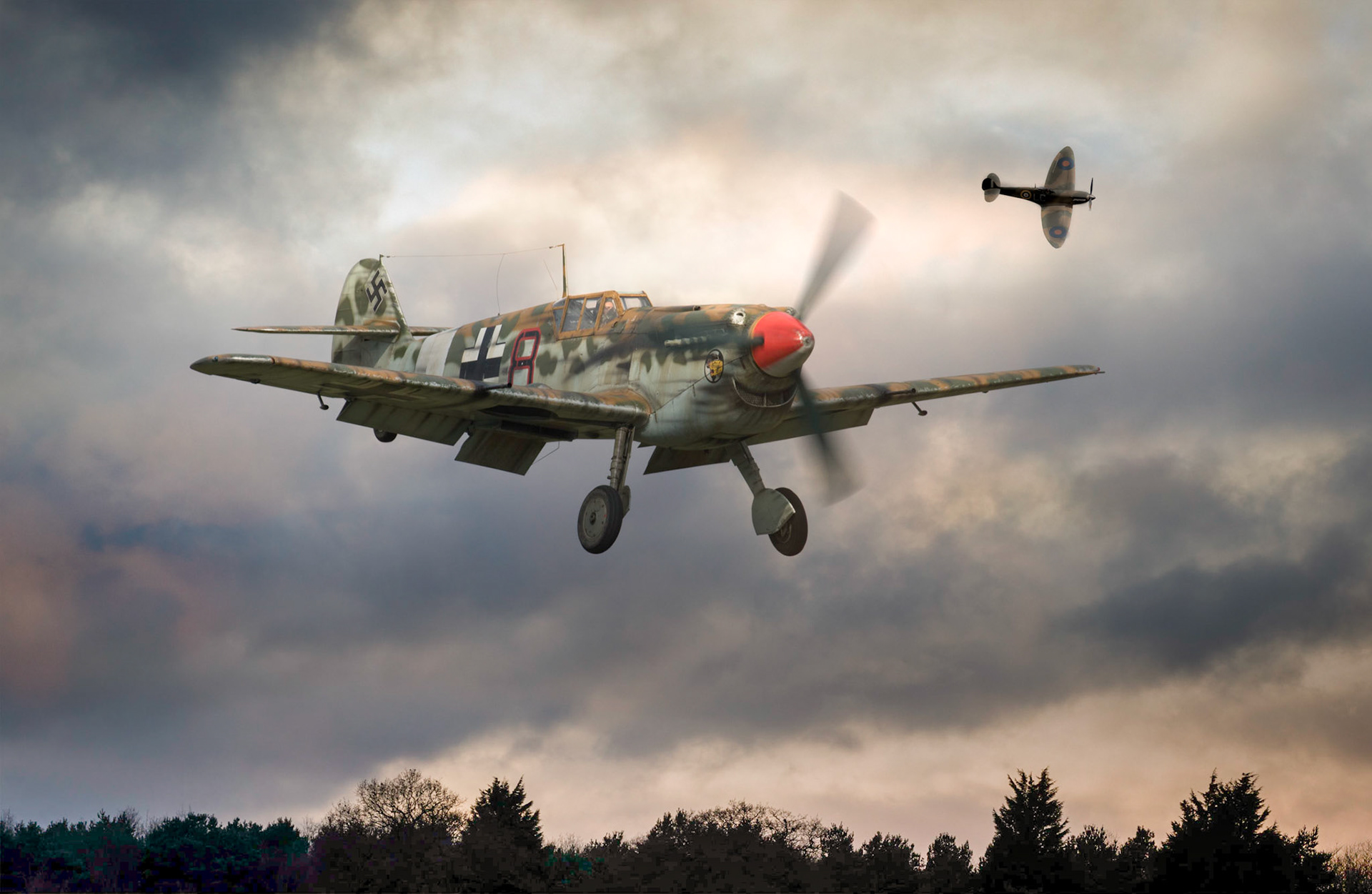 Messsrschmitt lands unaware of approaching Spitfire