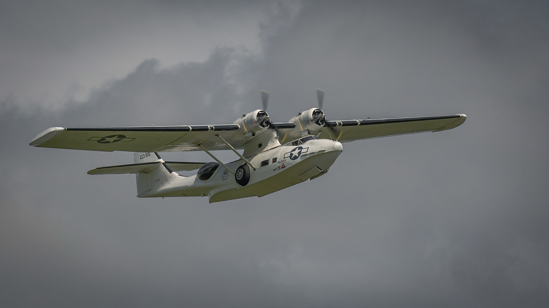 Biggleswade, UK - 7th May 2017: A Consolidated PBY Catalina. Vintage USN flying boat, "Miss Pickup' in flight