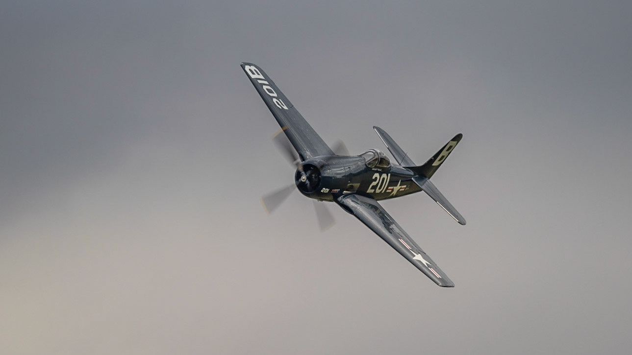 Old Warden, UK - 3rd July 2022: A vintage A vintage Grumman F8F Bearcat world war 2 us navy fighter in flight